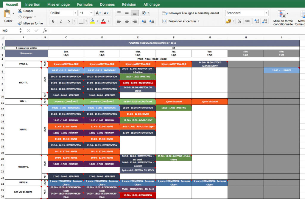 planning hebdomadaire excel travail