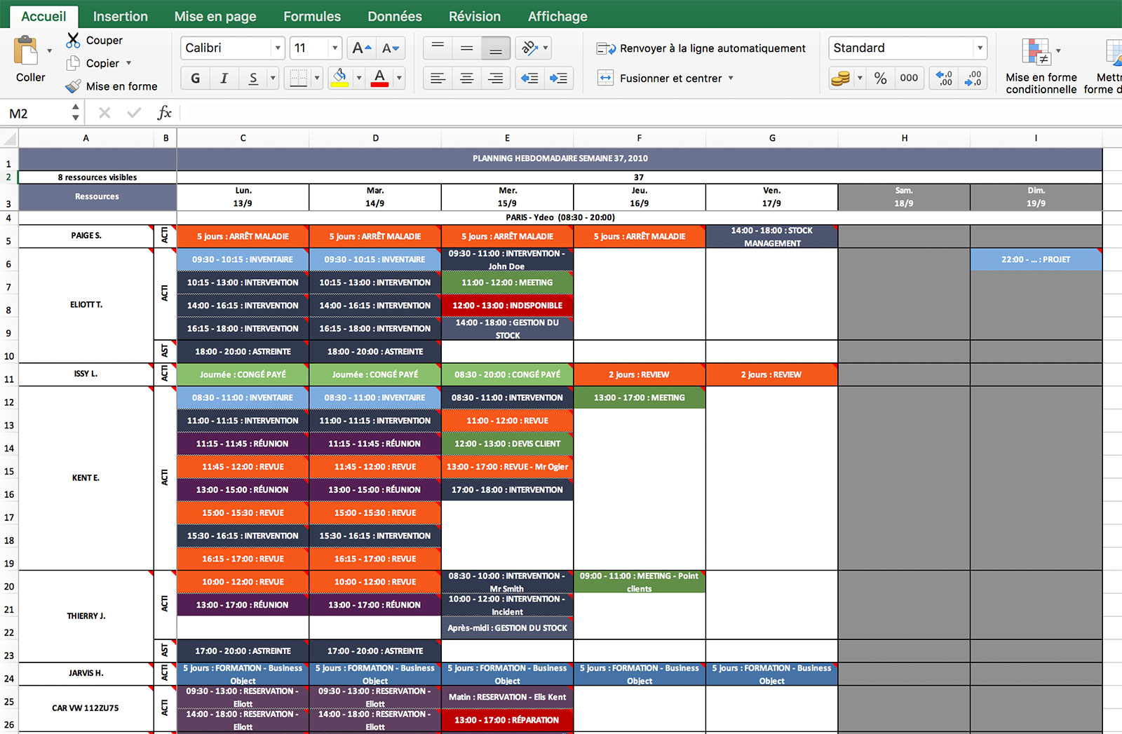 Créer un planning hebdomadaire interactif sur Excel avec heures et  changement de semaine 