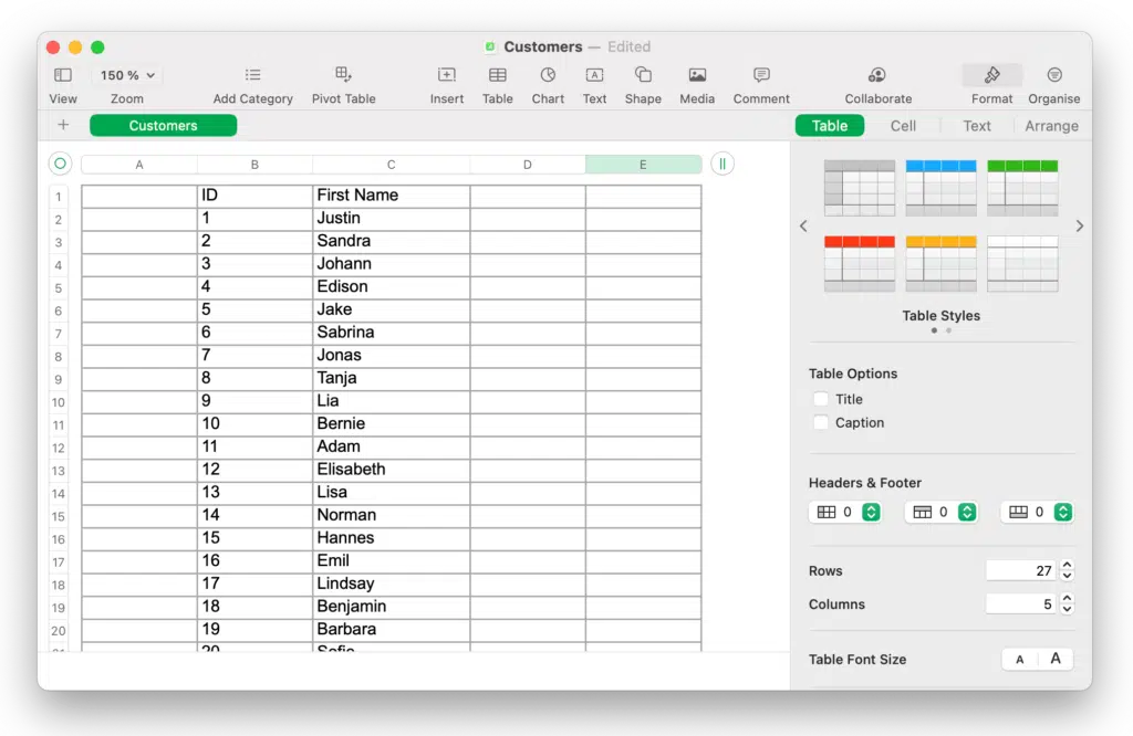 appel numbers tableur