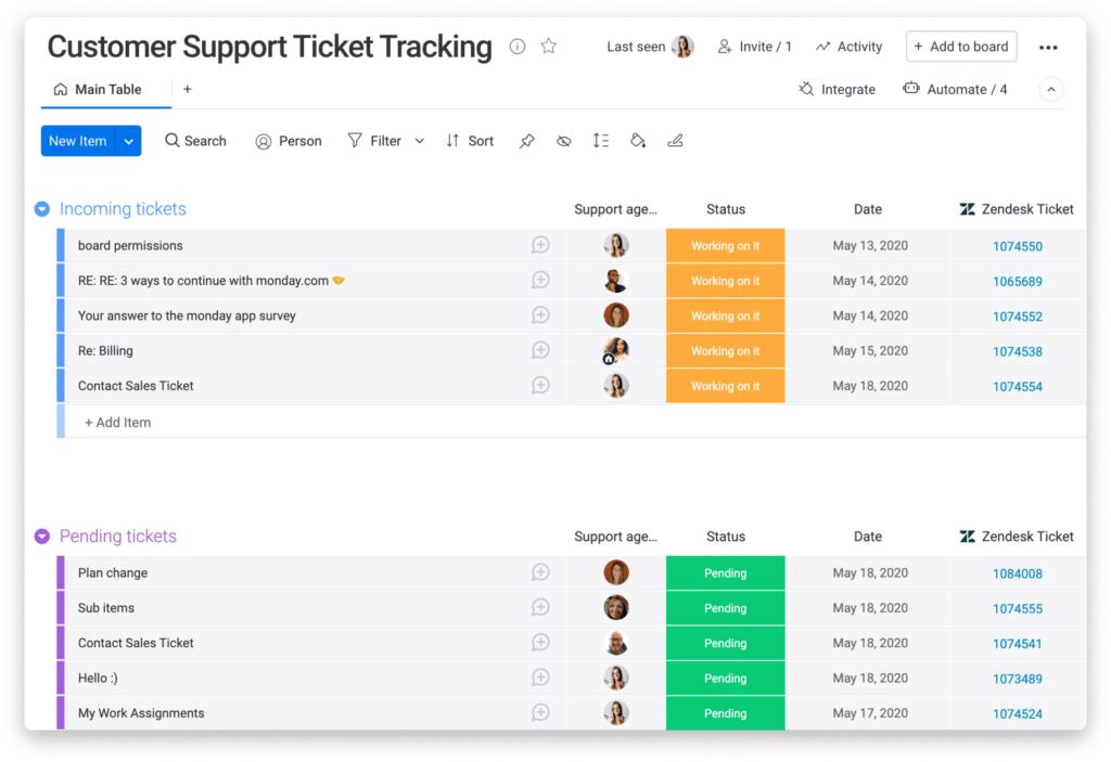 monday sales crm support ticket