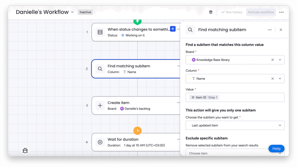 workflows matching subitem
