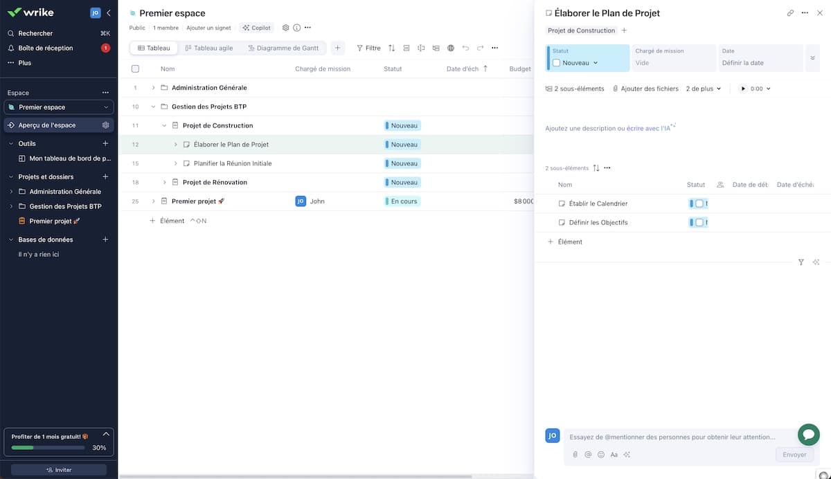 Interface de Wrike