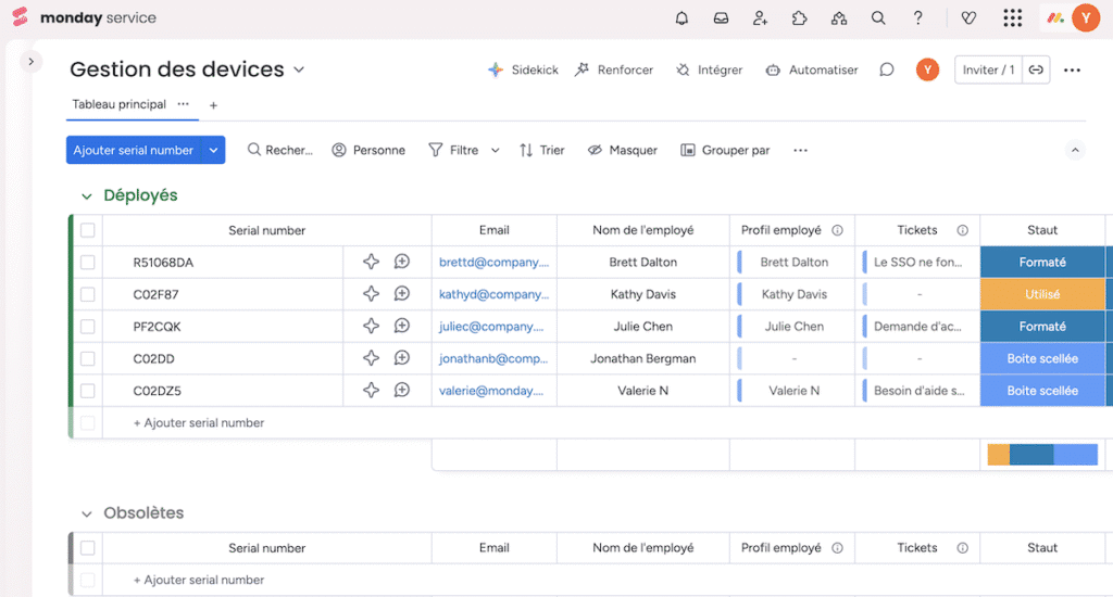 La gestion des devices dans monday Service