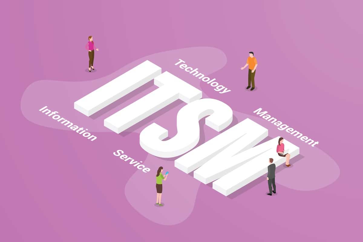 itsm information technology service management big text word and people around with modern isometric style vector illustration