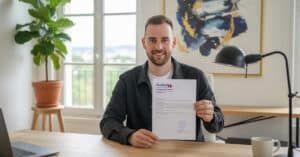 Le fondateur Nicolas tenant la certification Qualiopi