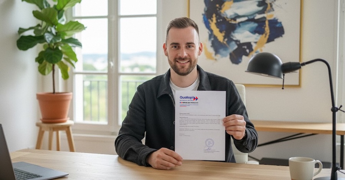 Le fondateur Nicolas tenant la certification Qualiopi