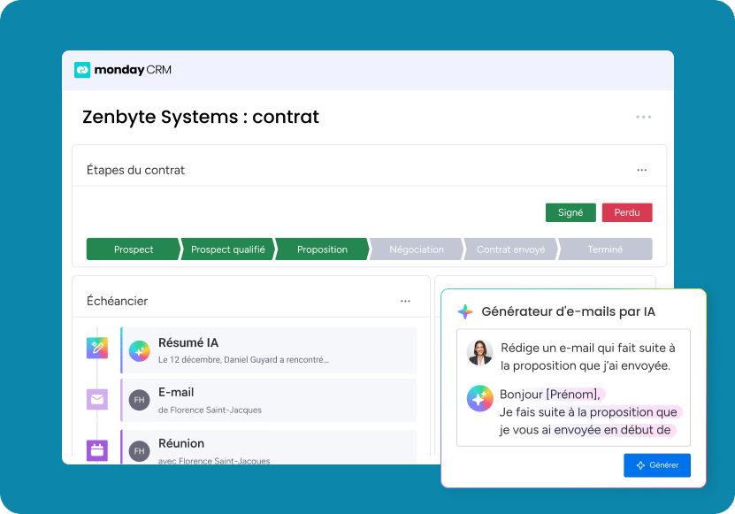 Rédaction d’e-mails dans la fiche contrat de monday CRM