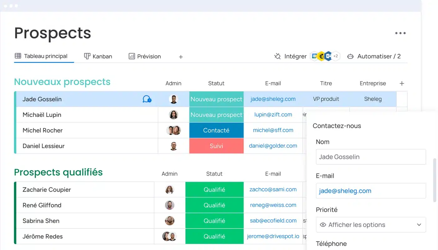 Prospects centralisés dans monday CRM